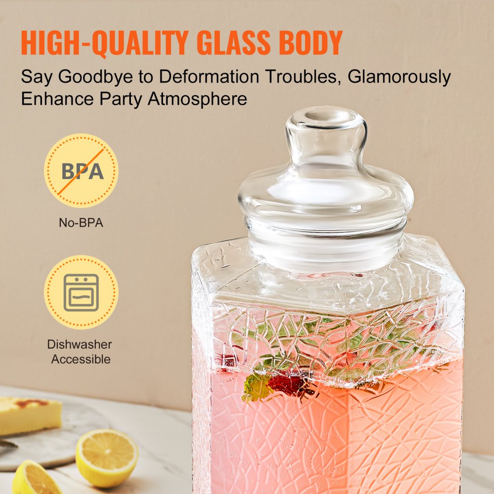 AMITOOLS Beverage Dispenser, 2.5 Gallon Drink Dispensers for Parties, Glass Juice Dispenser with Stand, Stainless Steel Spigot, Iced Tea Lemonade Juice Water Dispenser, for Restaurants, Hotels, Parties