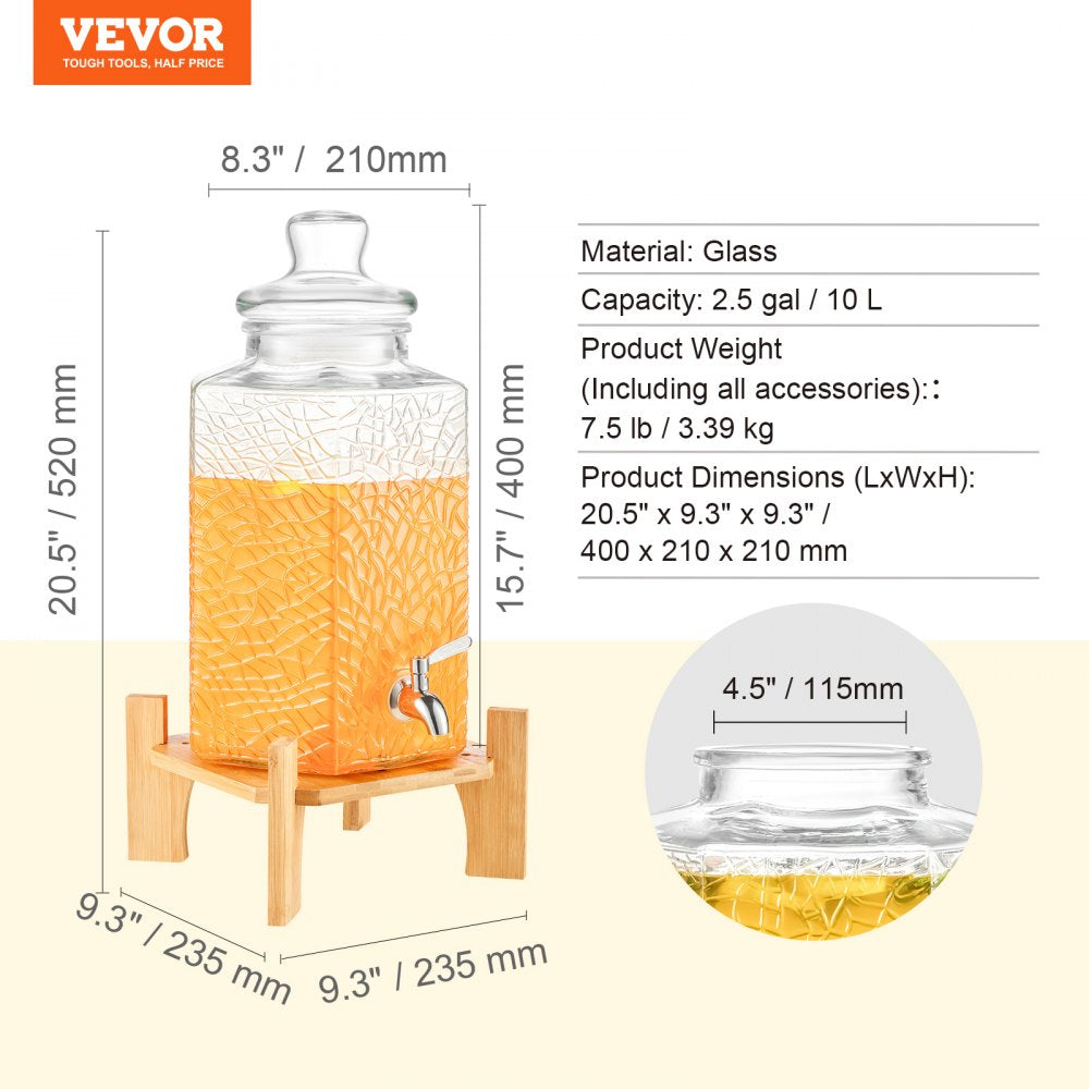 AMITOOLS Beverage Dispenser, 2.5 Gallon Drink Dispensers for Parties, Glass Juice Dispenser with Stand, Stainless Steel Spigot, Iced Tea Lemonade Juice Water Dispenser, for Restaurants, Hotels, Parties