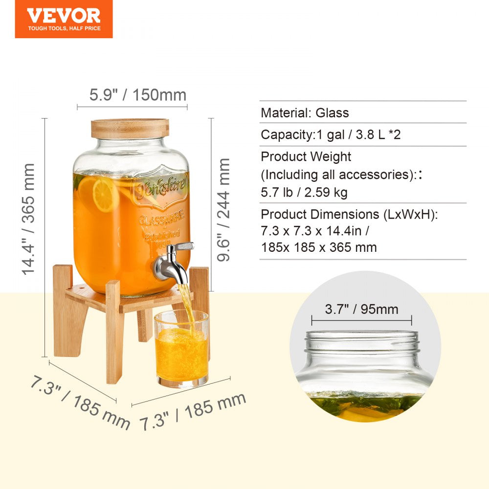 AMITOOLS Beverage Dispenser, 1 Gallon Drink Dispensers for Parties,2PC, Glass Juice Dispenser with Stand, Stainless Steel Spigot, Iced Tea Lemonade Juice Water Dispenser, for Restaurants, Hotels, Parties