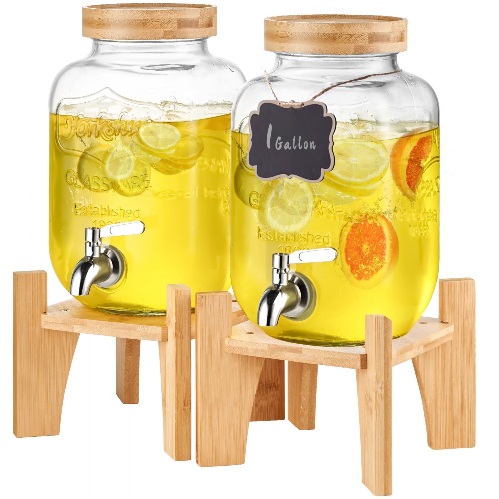 AMITOOLS Beverage Dispenser, 1 Gallon Drink Dispensers for Parties,2PC, Glass Juice Dispenser with Stand, Stainless Steel Spigot, Iced Tea Lemonade Juice Water Dispenser, for Restaurants, Hotels, Parties