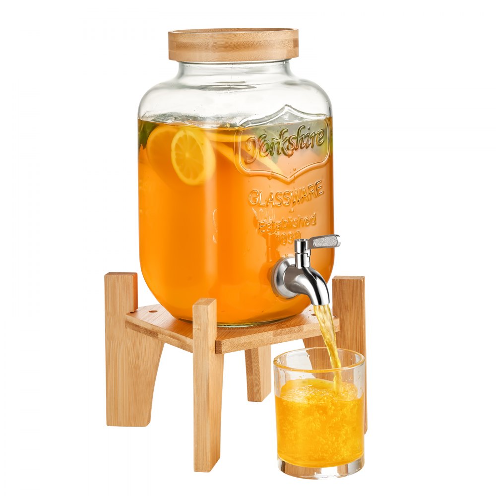 AMITOOLS Beverage Dispenser, 1 Gallon Drink Dispensers for Parties,2PC, Glass Juice Dispenser with Stand, Stainless Steel Spigot, Iced Tea Lemonade Juice Water Dispenser, for Restaurants, Hotels, Parties