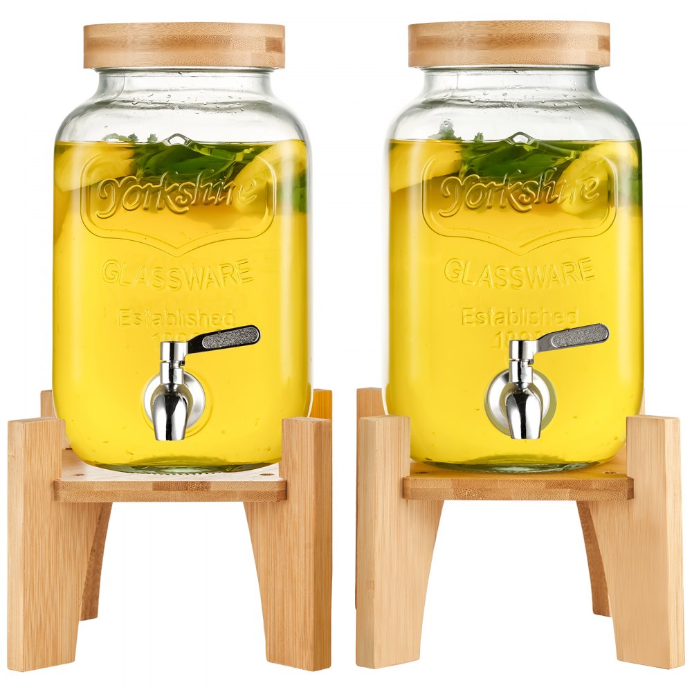 AMITOOLS Beverage Dispenser, 1 Gallon Drink Dispensers for Parties,2PC, Glass Juice Dispenser with Stand, Stainless Steel Spigot, Iced Tea Lemonade Juice Water Dispenser, for Restaurants, Hotels, Parties