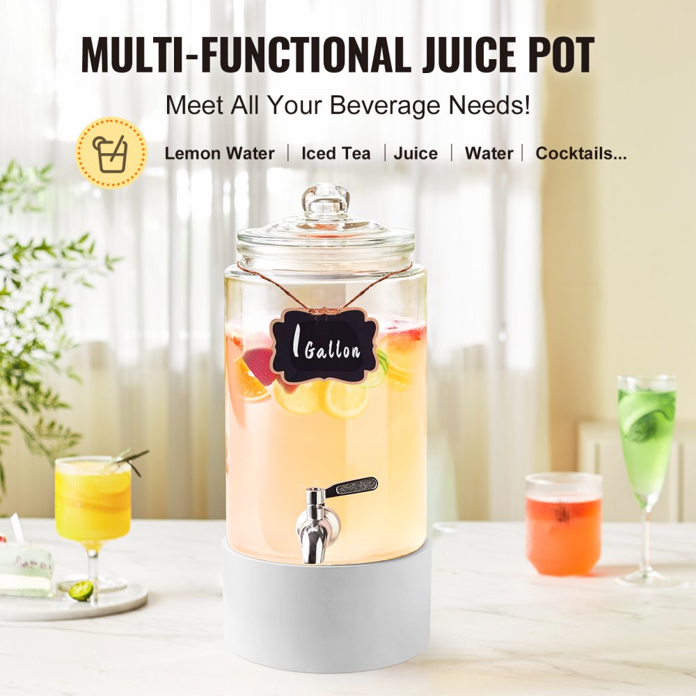 AMITOOLS Beverage Dispenser, 1 Gallon Drink Dispensers for Parties, Glass Juice Dispenser with Stainless Steel Spigot, Iced Tea Lemonade Juice Water Dispenser, for Restaurants, Hotels, Parties