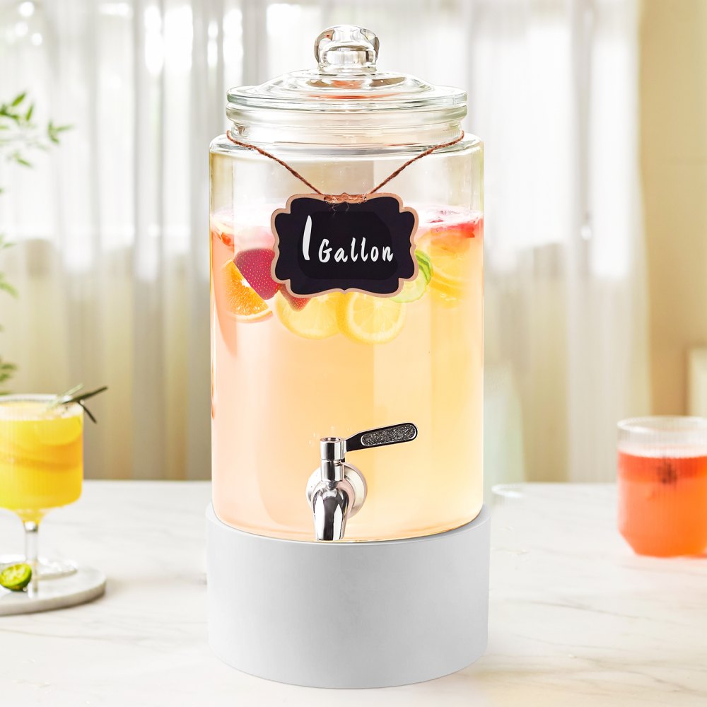 AMITOOLS Beverage Dispenser, 1 Gallon Drink Dispensers for Parties, Glass Juice Dispenser with Stainless Steel Spigot, Iced Tea Lemonade Juice Water Dispenser, for Restaurants, Hotels, Parties