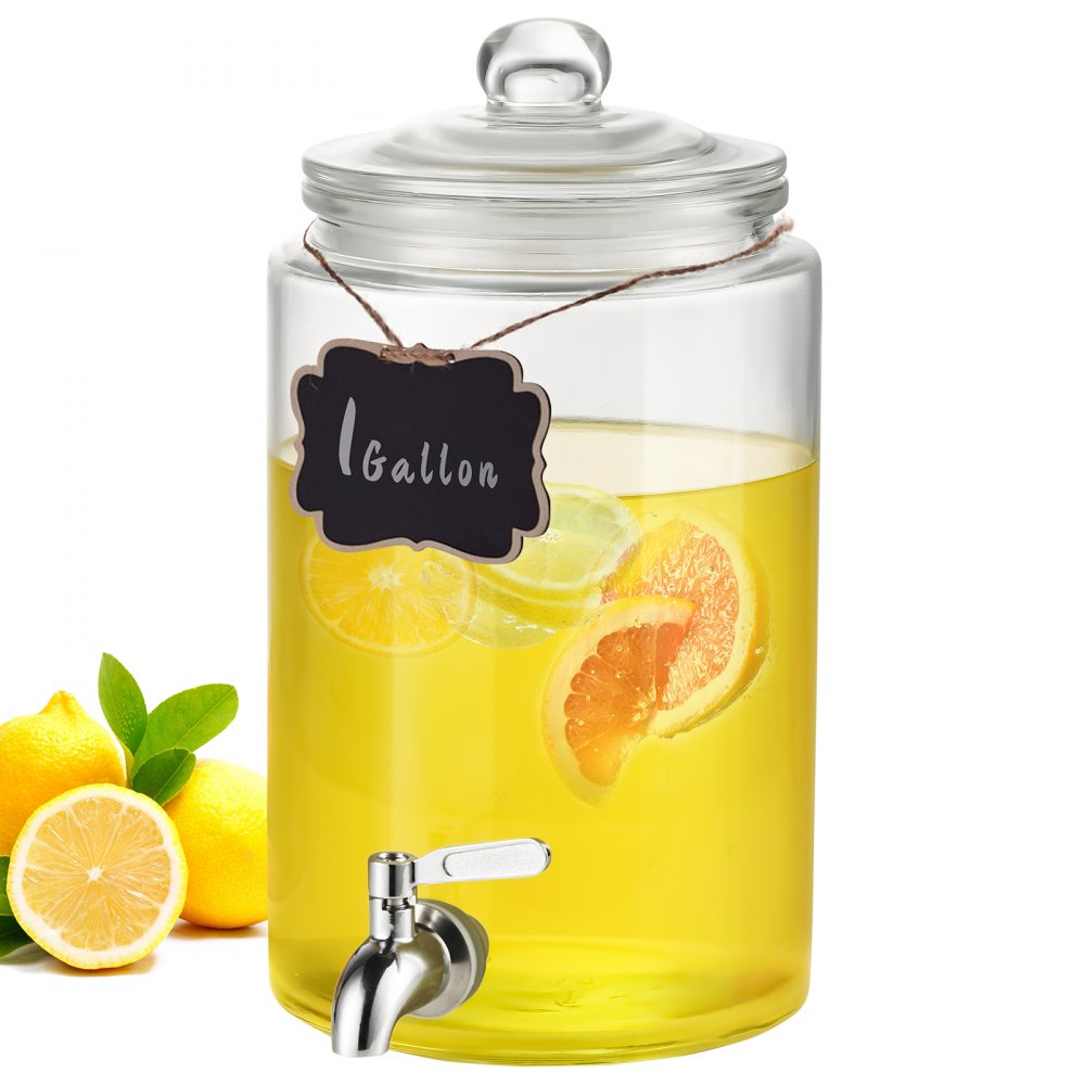 AMITOOLS Beverage Dispenser, 1 Gallon Drink Dispensers for Parties, Glass Juice Dispenser with Stainless Steel Spigot, Iced Tea Lemonade Juice Water Dispenser, for Restaurants, Hotels, Parties