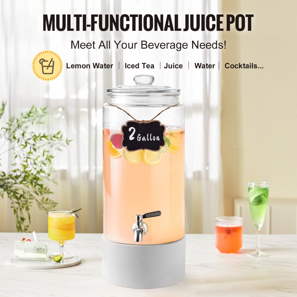 AMITOOLS Beverage Dispenser, 2 Gallon Drink Dispensers for Parties, Glass Juice Dispenser with Stainless Steel Spigot, Iced Tea Lemonade Juice Water Dispenser, for Restaurants, Hotels, Parties