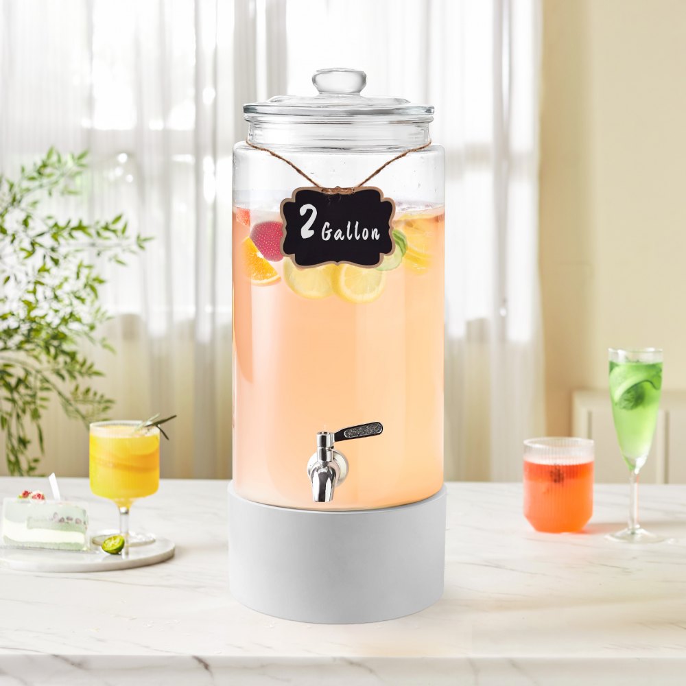 AMITOOLS Beverage Dispenser, 2 Gallon Drink Dispensers for Parties, Glass Juice Dispenser with Stainless Steel Spigot, Iced Tea Lemonade Juice Water Dispenser, for Restaurants, Hotels, Parties