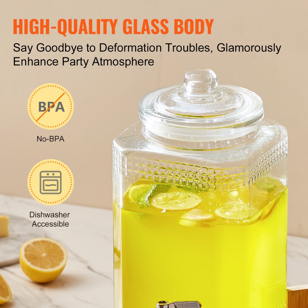 AMITOOLS Beverage Dispenser, 1.5 Gallon Drink Dispensers for Parties, Glass Juice Dispenser with Stand, Stainless Steel Spigot, Iced Tea Lemonade Juice Water Dispenser, for Restaurants, Hotels, Parties