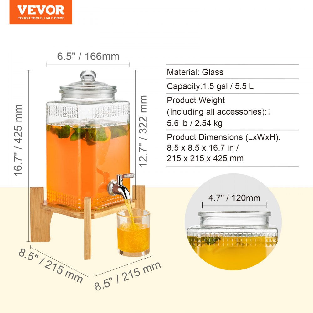 AMITOOLS Beverage Dispenser, 1.5 Gallon Drink Dispensers for Parties, Glass Juice Dispenser with Stand, Stainless Steel Spigot, Iced Tea Lemonade Juice Water Dispenser, for Restaurants, Hotels, Parties