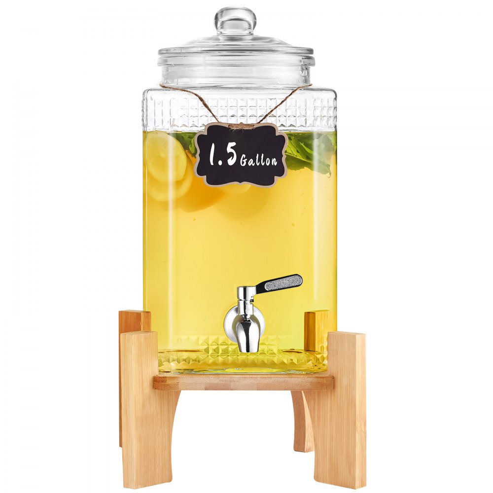 AMITOOLS Beverage Dispenser, 1.5 Gallon Drink Dispensers for Parties, Glass Juice Dispenser with Stand, Stainless Steel Spigot, Iced Tea Lemonade Juice Water Dispenser, for Restaurants, Hotels, Parties