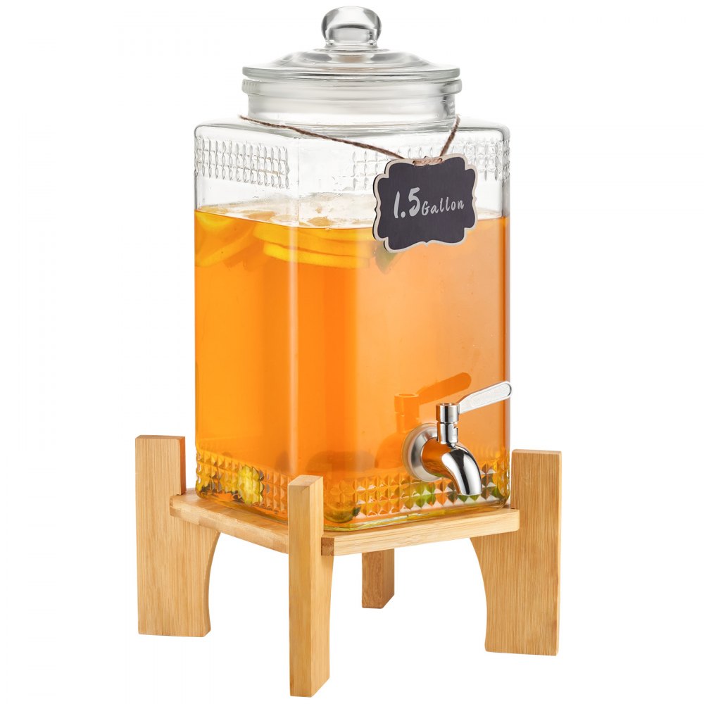 AMITOOLS Beverage Dispenser, 1.5 Gallon Drink Dispensers for Parties, Glass Juice Dispenser with Stand, Stainless Steel Spigot, Iced Tea Lemonade Juice Water Dispenser, for Restaurants, Hotels, Parties