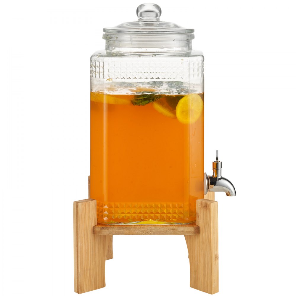 AMITOOLS Beverage Dispenser, 1.5 Gallon Drink Dispensers for Parties, Glass Juice Dispenser with Stand, Stainless Steel Spigot, Iced Tea Lemonade Juice Water Dispenser, for Restaurants, Hotels, Parties