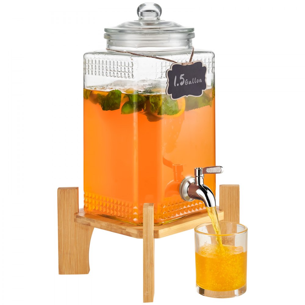 AMITOOLS Beverage Dispenser, 1.5 Gallon Drink Dispensers for Parties, Glass Juice Dispenser with Stand, Stainless Steel Spigot, Iced Tea Lemonade Juice Water Dispenser, for Restaurants, Hotels, Parties