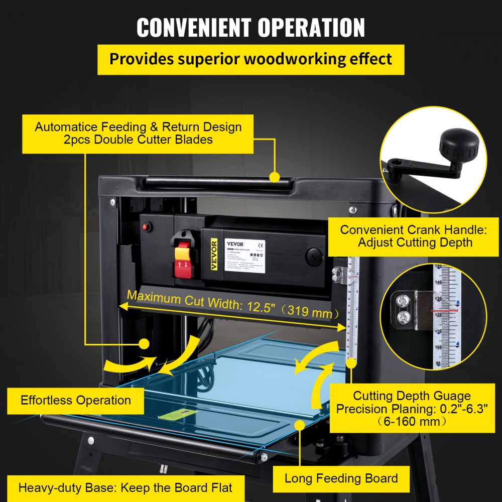 AMITOOLS Thickness Planer 12.5 inch Wood Planer Foldable 1500W Thickness Planer Woodworking 315