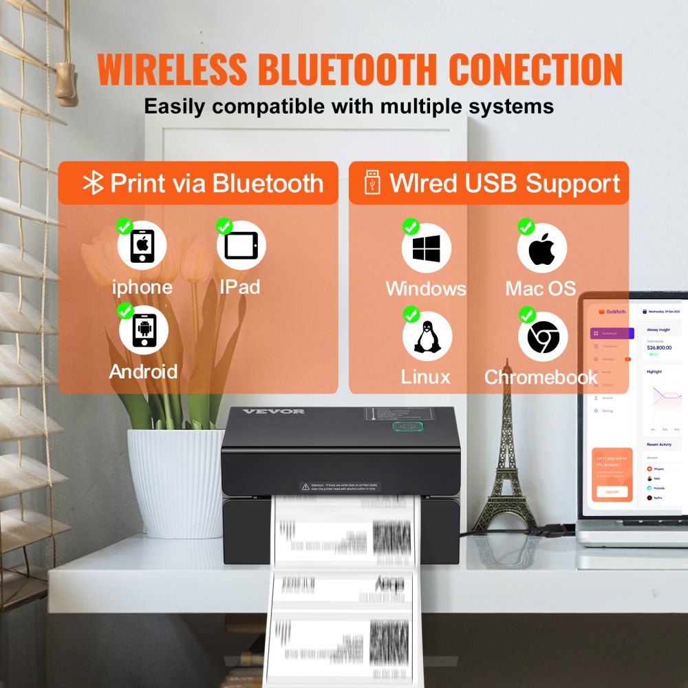 AMITOOLS 300DPI Bluetooth Thermal Label Printer w/Auto Recognition & Rohm Printer Head, Wireless Shipping Label Printer for 1.57