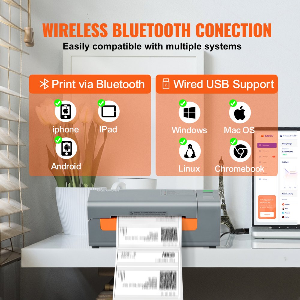 AMITOOLS Bluetooth Thermal Label Printer, Wireless Shipping Label Printer w/Automatic Label Recognition,Thermal Printer Supports Shipping, Barcode, Household Labels and More