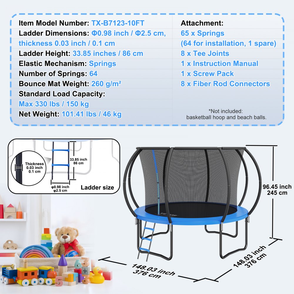 AMITOOLS 10FT Trampoline, 330 lbs Trampoline with Enclosure Net, Ladder, and Curved Pole, Heavy Duty Trampoline with Jumping Mat and Spring Cover Padding, Outdoor Recreational Trampolines for Kids Adults