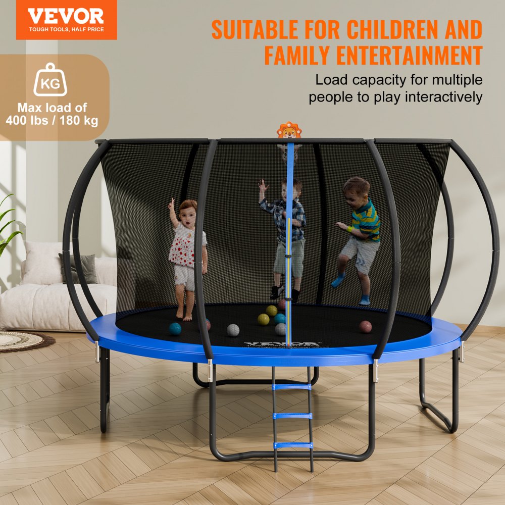 AMITOOLS 12FT Trampoline, 400 lbs Trampoline with Enclosure Net, Ladder, and Curved Pole, Heavy Duty Trampoline with Jumping Mat and Spring Cover Padding, Outdoor Recreational Trampolines for Kids Adults