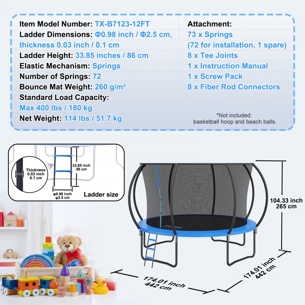 AMITOOLS 12FT Trampoline, 400 lbs Trampoline with Enclosure Net, Ladder, and Curved Pole, Heavy Duty Trampoline with Jumping Mat and Spring Cover Padding, Outdoor Recreational Trampolines for Kids Adults