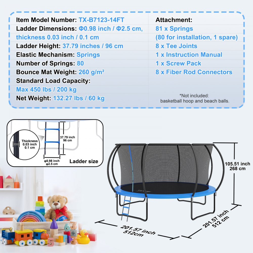 AMITOOLS 14FT Trampoline, 450 lbs Trampoline with Enclosure Net, Ladder, and Curved Pole, Heavy Duty Trampoline with Jumping Mat and Spring Cover Padding, Outdoor Recreational Trampolines for Kids Adults