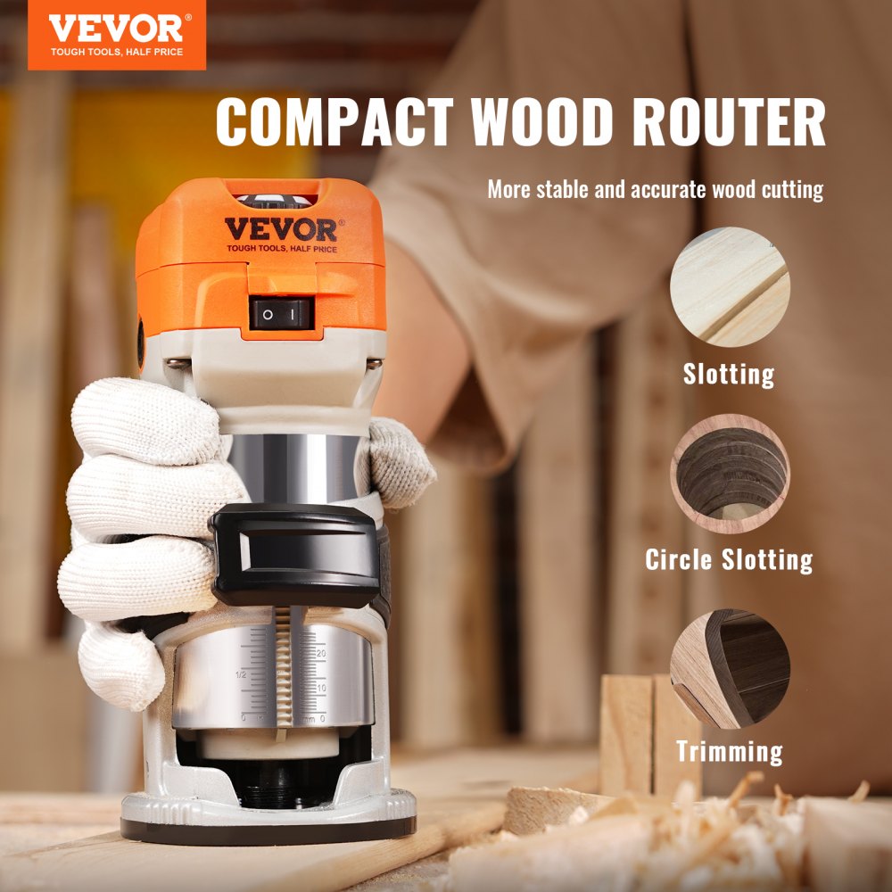 AMITOOLS Wood Router, 1.25HP 800W, Compact Wood Trimmer Router Tool, 30000RPM Max Speed 6 Variable Speeds, with 1/4'' & 5/16'' Collets 12 PCs Milling Cutters Dust Hood, for Woodworking Slotting Trimming