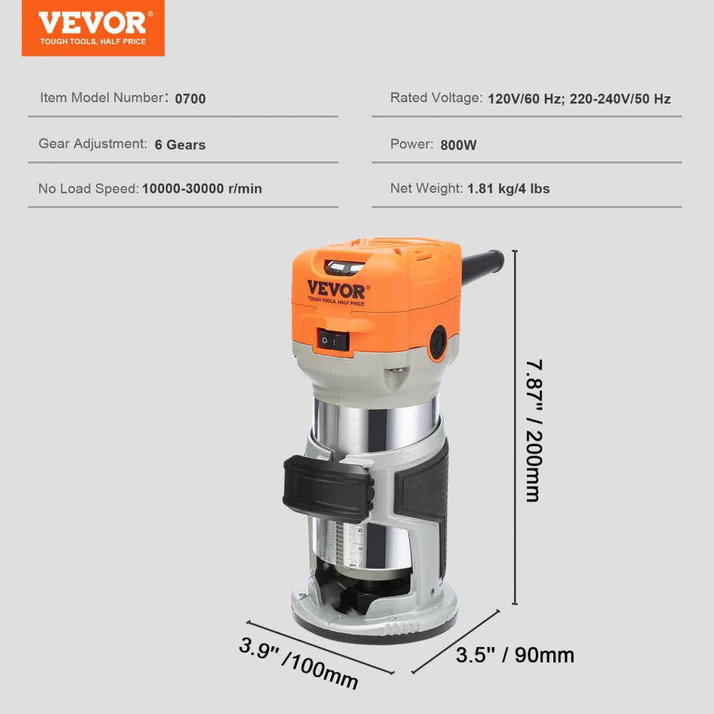 AMITOOLS Wood Router, 1.25HP 800W, Compact Wood Trimmer Router Tool, 30000RPM Max Speed 6 Variable Speeds, with 1/4'' & 5/16'' Collets 12 PCs Milling Cutters Dust Hood, for Woodworking Slotting Trimming