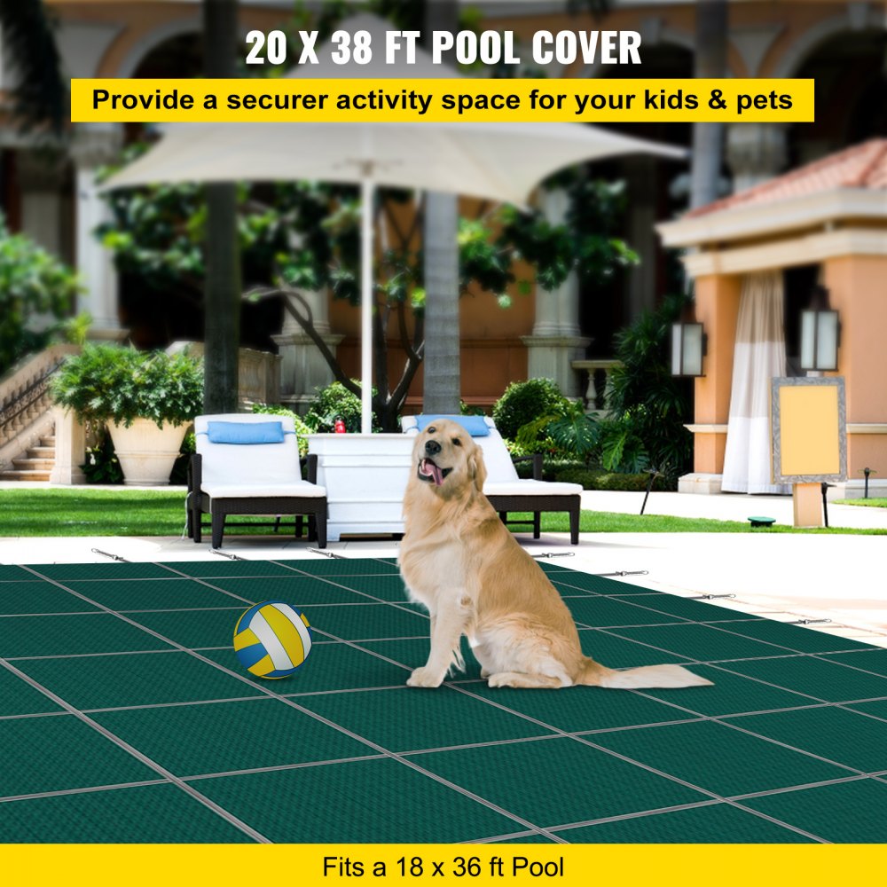 AMITOOLS Inground Pool Safety Cover, 20 ft x 38 ft Rectangular Winter Pool Cover with Right Step, Triple Stitched, High Strength Mesh PP Material, Good Rain Permeability, Installation Hardware Included