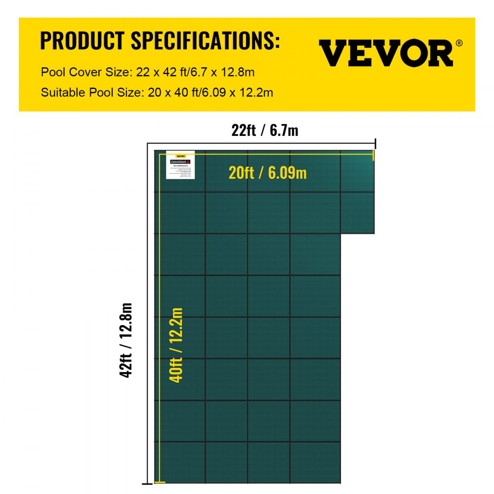 AMITOOLS Inground Pool Safety Cover, 22 ft x 42 ft Rectangular Winter Pool Cover with Right Step, Triple Stitched, High Strength Mesh PP, Good Rain Permeability, Installation Hardware Included