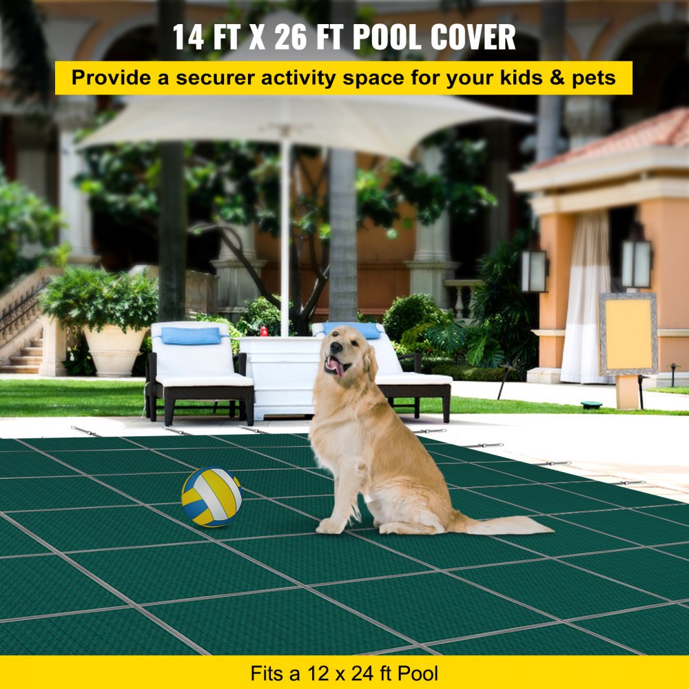 AMITOOLS Inground Pool Safety Cover, 14 ft x 26 ft Rectangular Winter Pool Cover, Triple Stitched, High Strength Mesh PP Material with Good Rain Permeability, Installation Hardware Included, Green