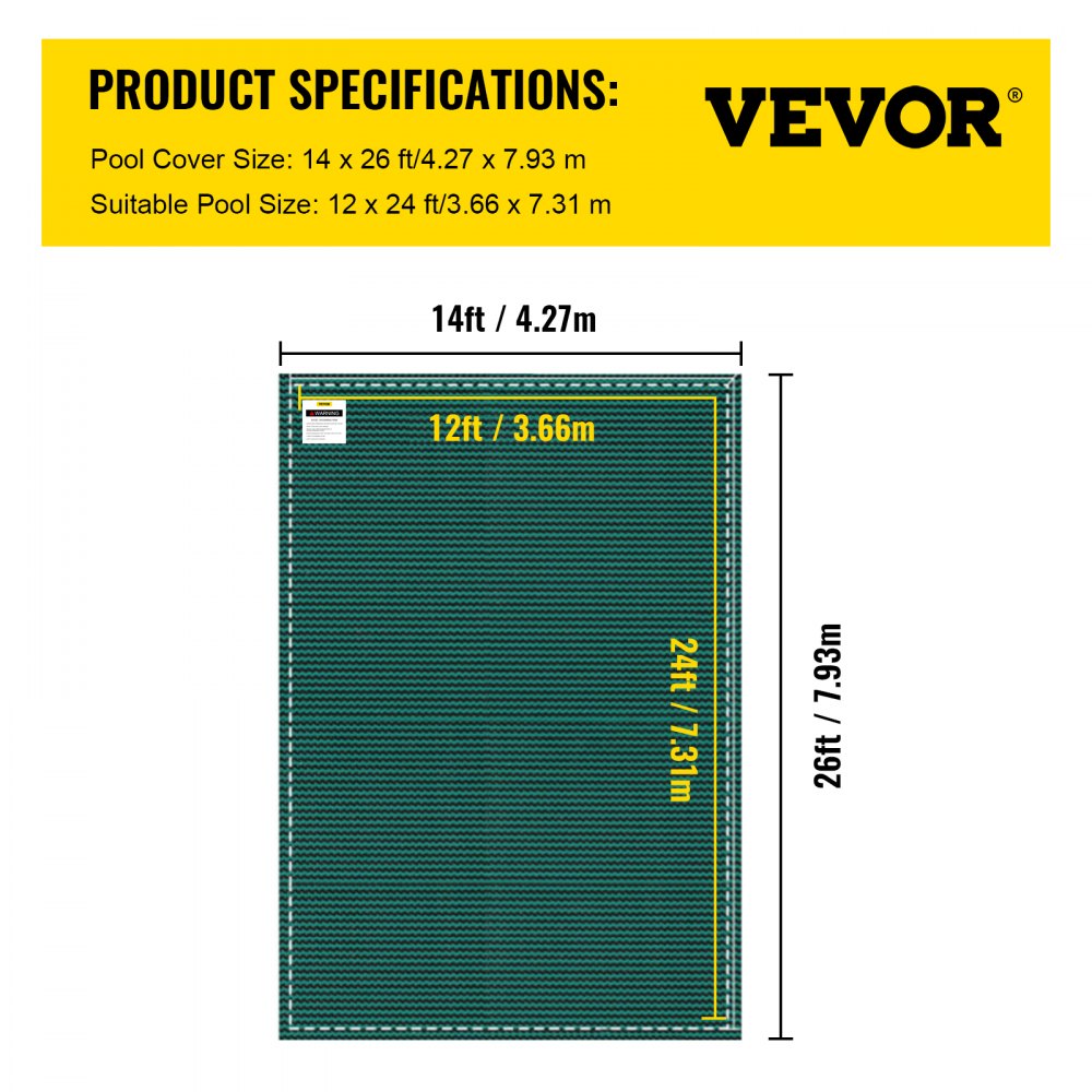 AMITOOLS Inground Pool Safety Cover, 14 ft x 26 ft Rectangular Winter Pool Cover, Triple Stitched, High Strength Mesh PP Material with Good Rain Permeability, Installation Hardware Included, Green