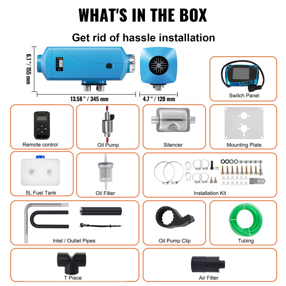 AMITOOLS Diesel Heater 12V, Muffler, 2KW Diesel Air Heater, 5L Tank, Diesel Parking Heater with Blue LCD Switch & Remote Control for Bus Boat and Trailer