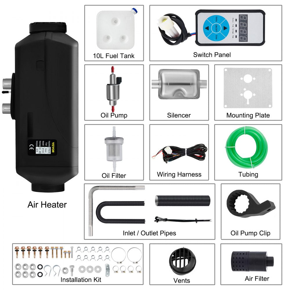 AMITOOLS 5KW Diesel Air Heater 12V Diesel Parking Heater 10L Tank Air Diesel Heater Silencer with Digital Switch for Boat Caravan and Motor-home