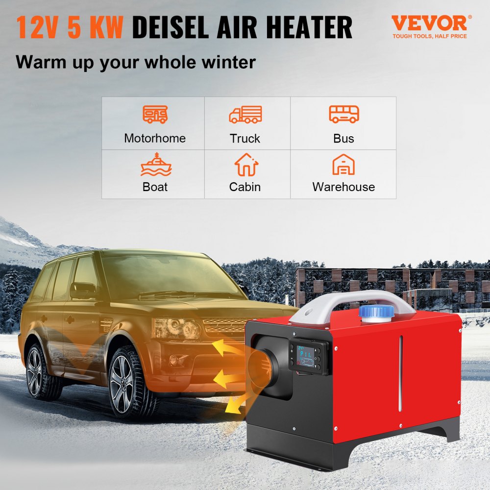 AMITOOLS Diesel Air Heater, 5KW 12V Parking Heater, Mini Truck Heater, Single Outlet Hole, with Black LCD, Remote Control, Fast Heating Diesel Heater, For RV Truck, Boat, Bus, Car Trailer, Motorhomes