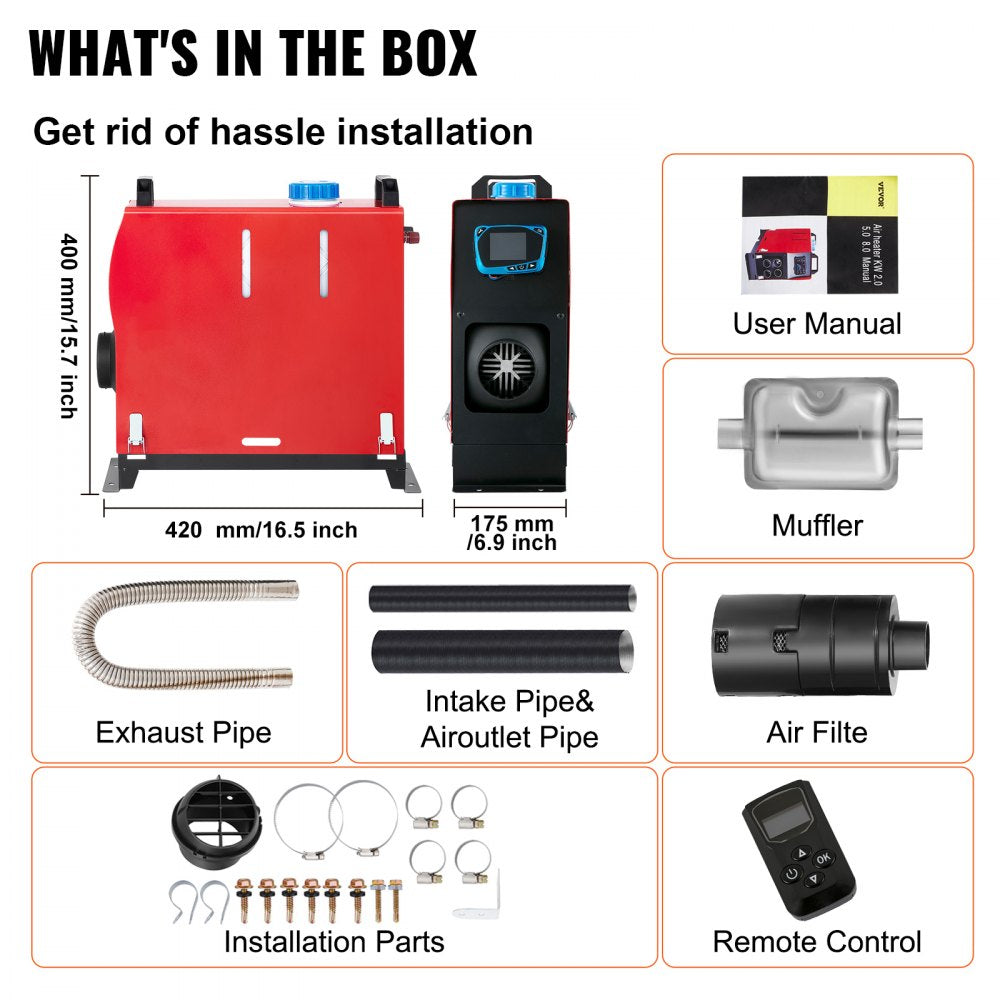 AMITOOLS 8KW Diesel Air Heater All in One 1 Air Outlet Diesel Heater 12V Remote Control Parking Heater Silencer with Blue LCD Switch for RV Trucks Bus and Trailer