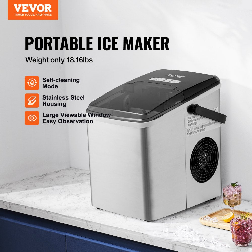 AMITOOLS Countertop Ice Maker, 9 Cubes Ready in 7 Mins, 26lbs in 24Hrs, Self-Cleaning Portable Ice Maker with Ice Scoop and Basket, Stainless Steel Ice Machine with 2 Size Bullet Ice for Home Kitchen Bar