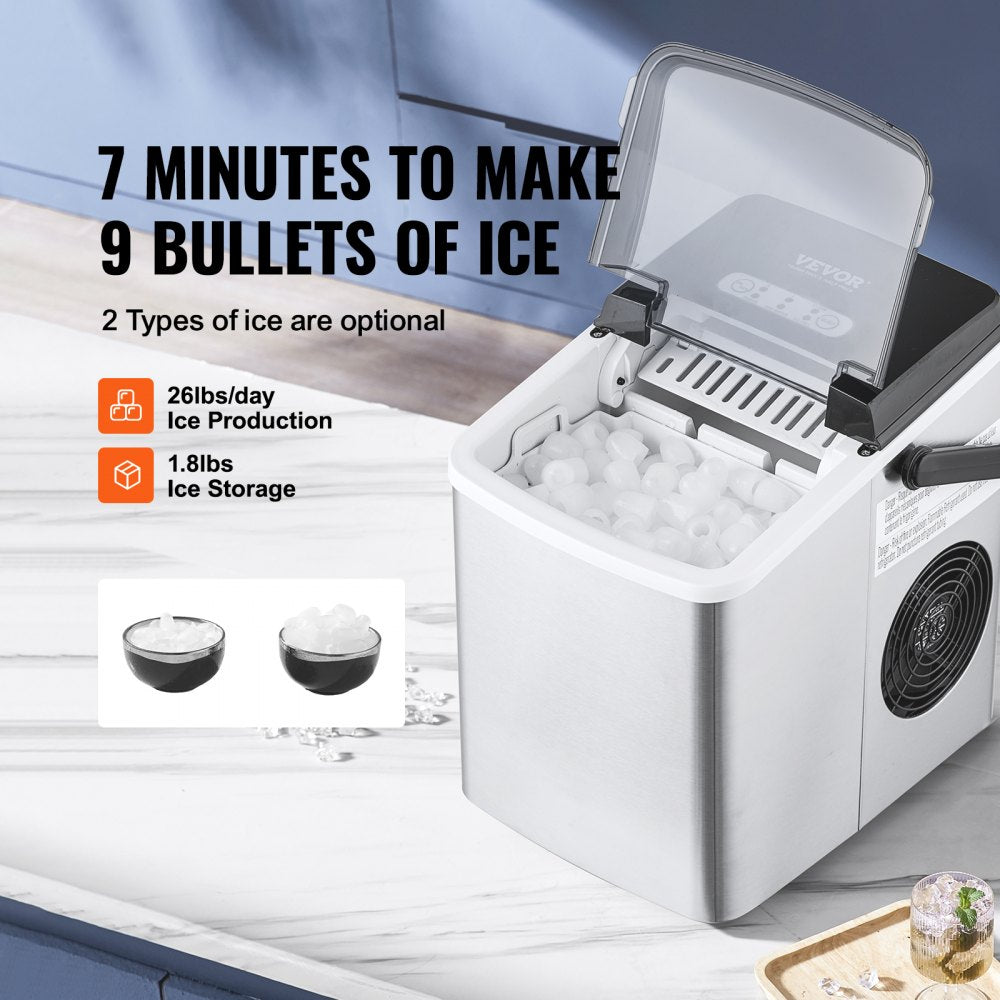 AMITOOLS Countertop Ice Maker, 9 Cubes Ready in 7 Mins, 26lbs in 24Hrs, Self-Cleaning Portable Ice Maker with Ice Scoop and Basket, Stainless Steel Ice Machine with 2 Size Bullet Ice for Home Kitchen Bar