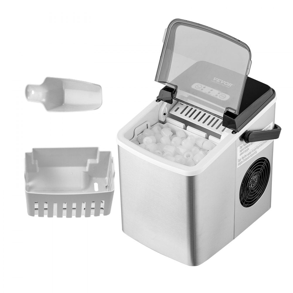 AMITOOLS Countertop Ice Maker, 9 Cubes Ready in 7 Mins, 26lbs in 24Hrs, Self-Cleaning Portable Ice Maker with Ice Scoop and Basket, Stainless Steel Ice Machine with 2 Size Bullet Ice for Home Kitchen Bar