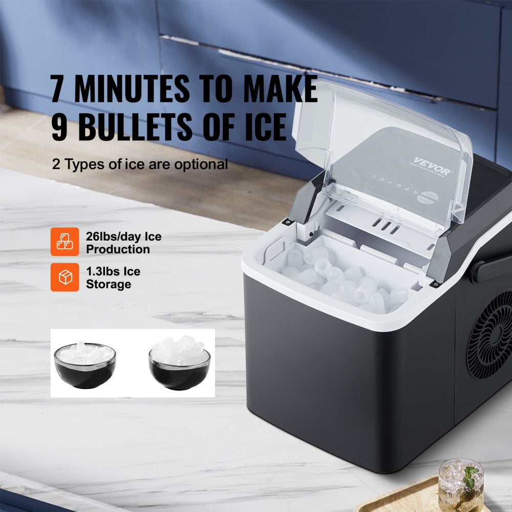 AMITOOLS Countertop Ice Maker, 9 Cubes Ready in 7 Mins, 26lbs in 24Hrs, Self-Cleaning Portable Ice Maker with Ice Scoop and Basket, Ice Machine with 2 Sizes Bullet Ice for Home Kitchen Office Bar Party