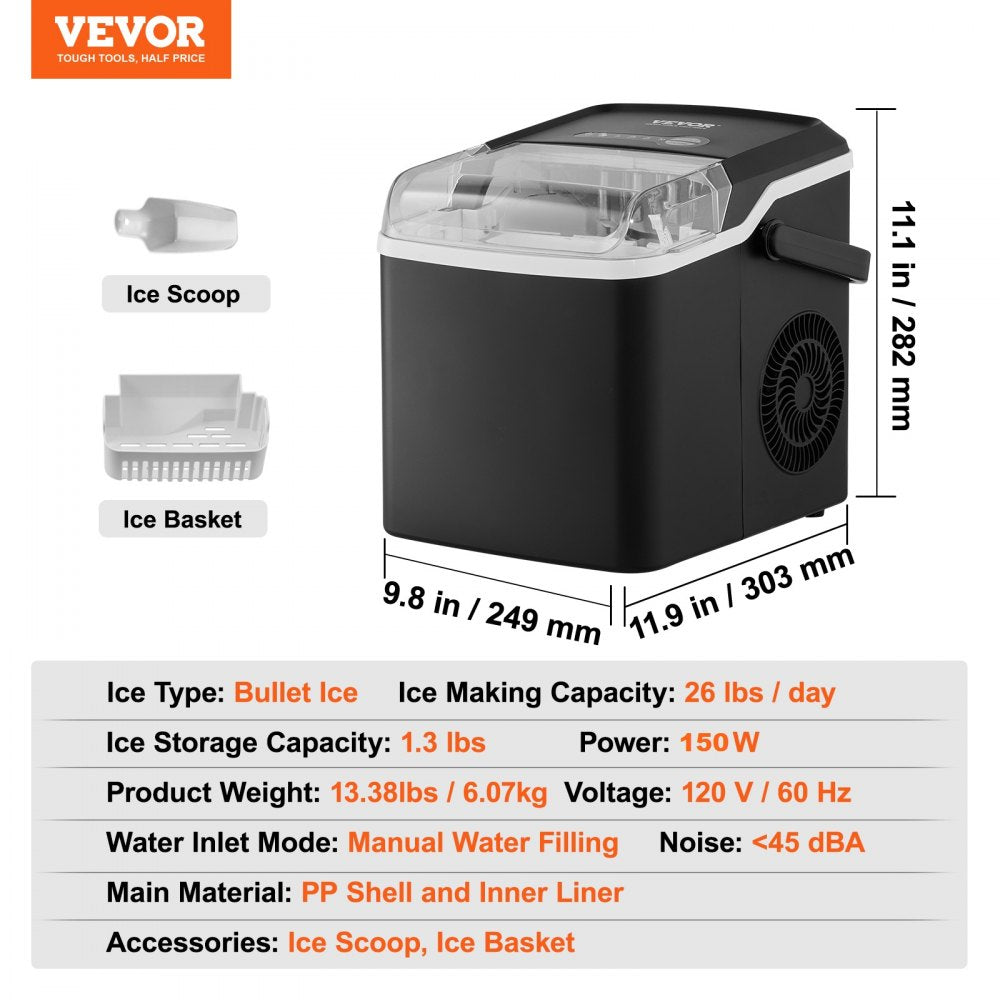 AMITOOLS Countertop Ice Maker, 9 Cubes Ready in 7 Mins, 26lbs in 24Hrs, Self-Cleaning Portable Ice Maker with Ice Scoop and Basket, Ice Machine with 2 Sizes Bullet Ice for Home Kitchen Office Bar Party