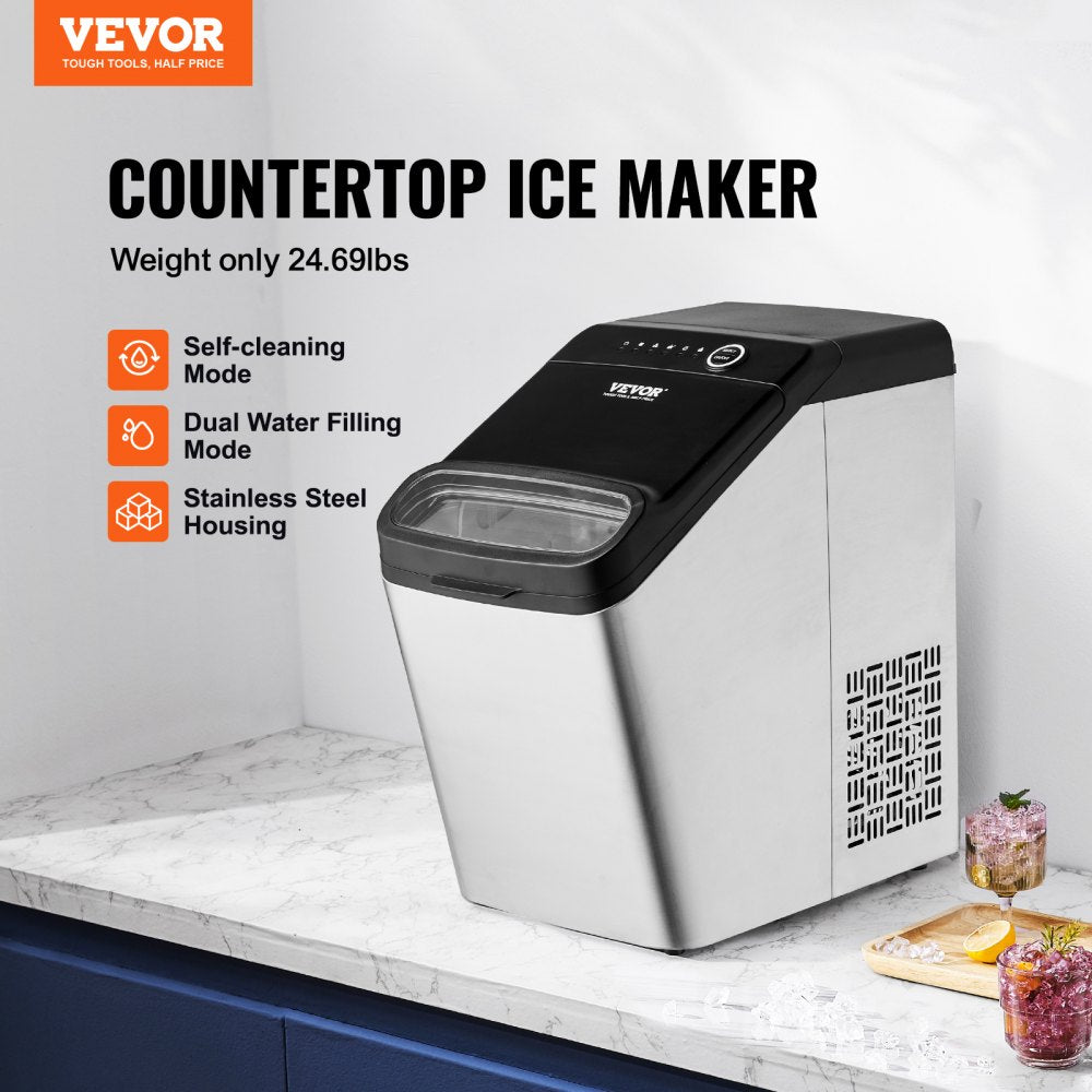 AMITOOLS Countertop Ice Maker, 9 Cubes Ready in 7 Mins, 33lbs in 24Hrs, Self-Cleaning Portable Ice Maker with Ice Scoop and Basket, 2 Ways Water Refill Ice Machine with 2 Size Bullet Ice for Kitchen Bar