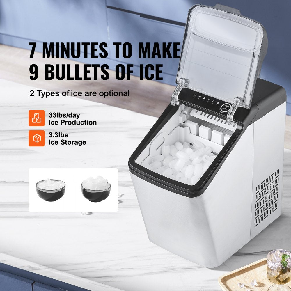 AMITOOLS Countertop Ice Maker, 9 Cubes Ready in 7 Mins, 33lbs in 24Hrs, Self-Cleaning Portable Ice Maker with Ice Scoop and Basket, 2 Ways Water Refill Ice Machine with 2 Size Bullet Ice for Kitchen Bar