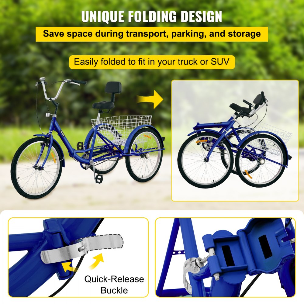 AMITOOLS Tricycle Adult 24’’ Wheels Adult Tricycle 1-Speed 3 Wheel Bikes For Adults Three Wheel Bike For Adults Adult Trike Adult Folding Tricycle Foldable Adult Tricycle 3 Wheel Bike Trike For Adults