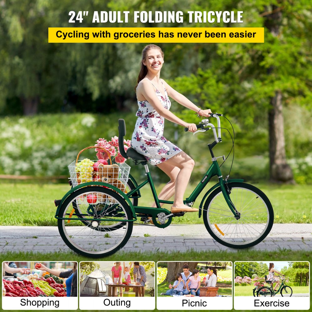 AMITOOLS Tricycle Adult 24’’ Wheels Adult Tricycle 1-Speed 3 Wheel Bikes For Adults Three Wheel Bike For Adults Adult Trike Adult Folding Tricycle Foldable Adult Tricycle 3 Wheel Bike Trike For Adults