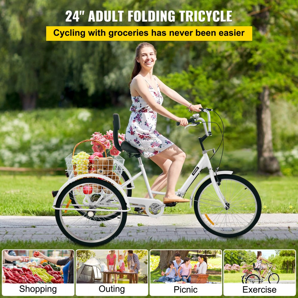 AMITOOLS Tricycle Adult 24’’ Wheels Adult Tricycle 1-Speed 3 Wheel Bikes White For Adults Three Wheel Bike For Adults Adult Trike Adult Folding Tricycle Foldable Adult Tricycle 3 Wheel Bike For Adults