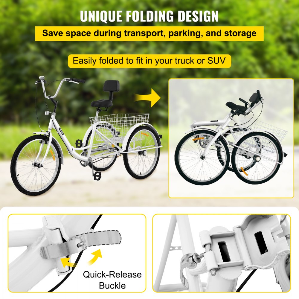 AMITOOLS Tricycle Adult 24’’ Wheels Adult Tricycle 1-Speed 3 Wheel Bikes White For Adults Three Wheel Bike For Adults Adult Trike Adult Folding Tricycle Foldable Adult Tricycle 3 Wheel Bike For Adults