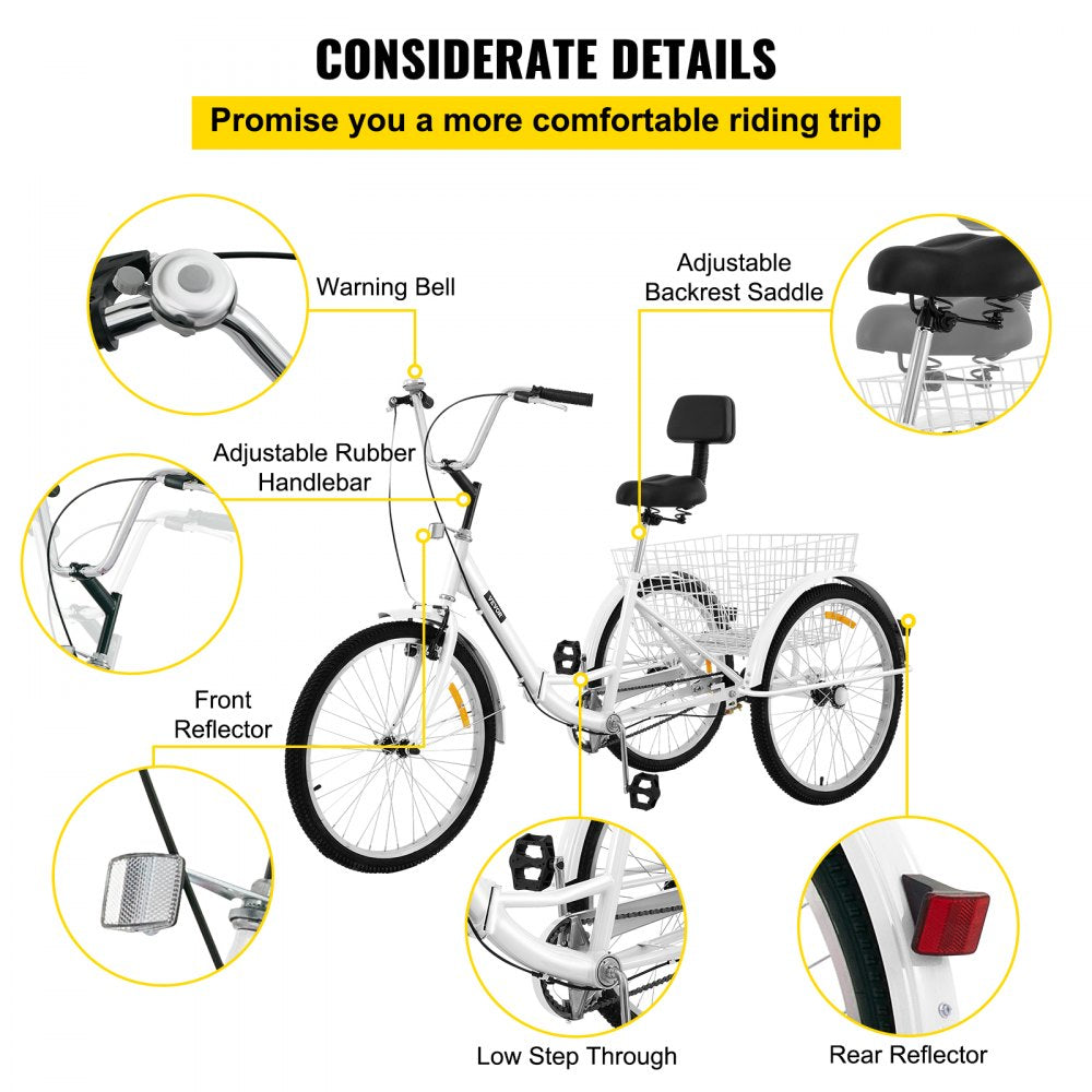 AMITOOLS Tricycle Adult 24’’ Wheels Adult Tricycle 1-Speed 3 Wheel Bikes White For Adults Three Wheel Bike For Adults Adult Trike Adult Folding Tricycle Foldable Adult Tricycle 3 Wheel Bike For Adults