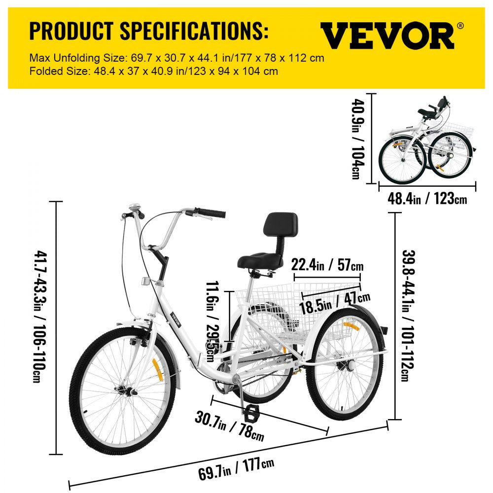 AMITOOLS Tricycle Adult 24’’ Wheels Adult Tricycle 1-Speed 3 Wheel Bikes White For Adults Three Wheel Bike For Adults Adult Trike Adult Folding Tricycle Foldable Adult Tricycle 3 Wheel Bike For Adults