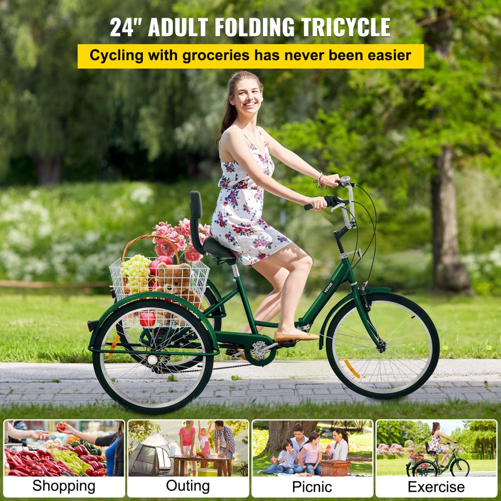 AMITOOLS Tricycle Adult 24’’ Wheels Adult Tricycle 7-Speed 3 Wheel Bikes For Adults Three Wheel Bike For Adults Adult Trike Adult Folding Tricycle Foldable Adult Tricycle 3 Wheel Bike Trike For Adults