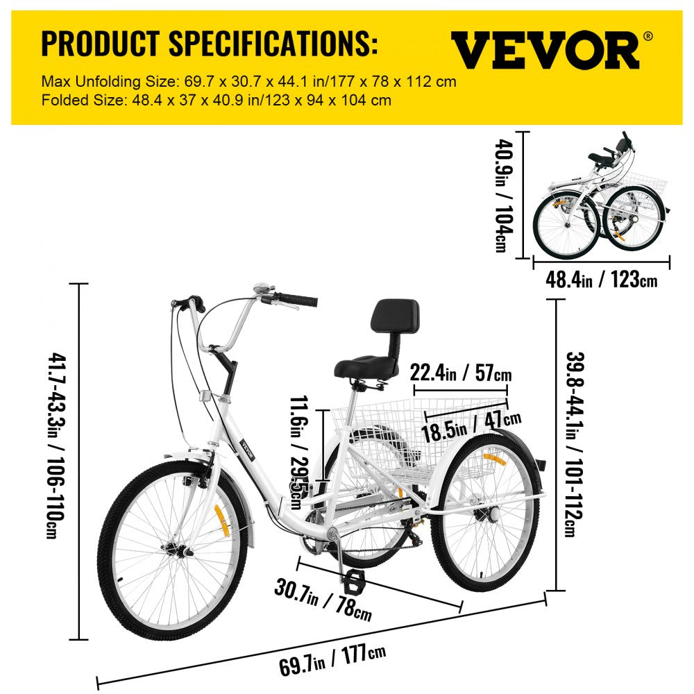 AMITOOLS Tricycle Adult 26’’ Wheels Adult Tricycle 7-Speed 3 Wheel Bikes For Adults Three Wheel Bike For Adults Adult Trike Adult Folding Tricycle Foldable Adult Tricycle 3 Wheel Bike Trike For Adults