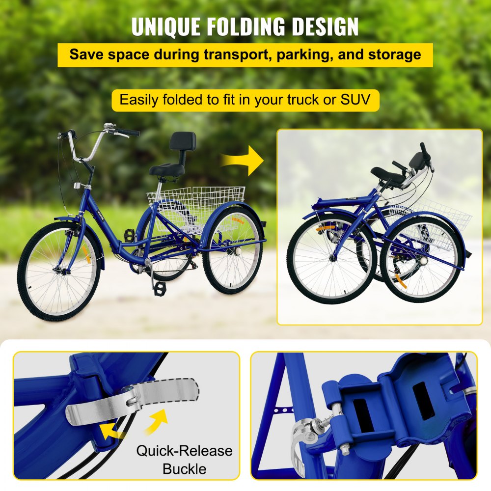 AMITOOLS Tricycle Adult 26’’ Wheels Adult Tricycle 7-Speed 3 Wheel Bikes For Adults Three Wheel Bike For Adults Adult Trike Adult Folding Tricycle Foldable Adult Tricycle 3 Wheel Bike Trike For Adults